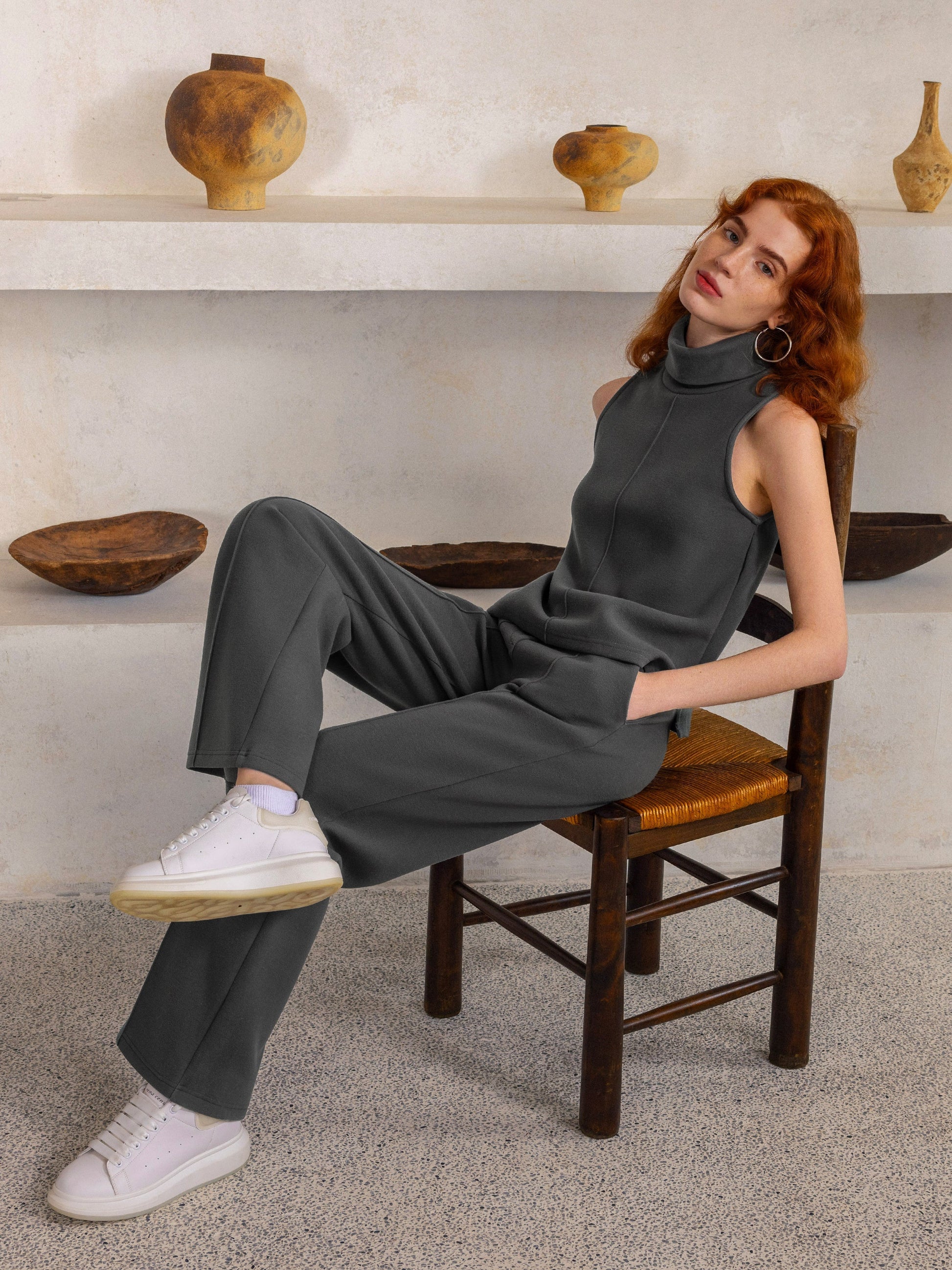 Set: Ärmelloser Rollkragen-Top & Weite Hose